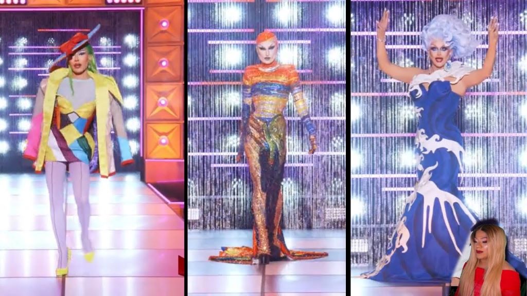 Digital runway presentation showing elaborate costume designs in drag race simulation