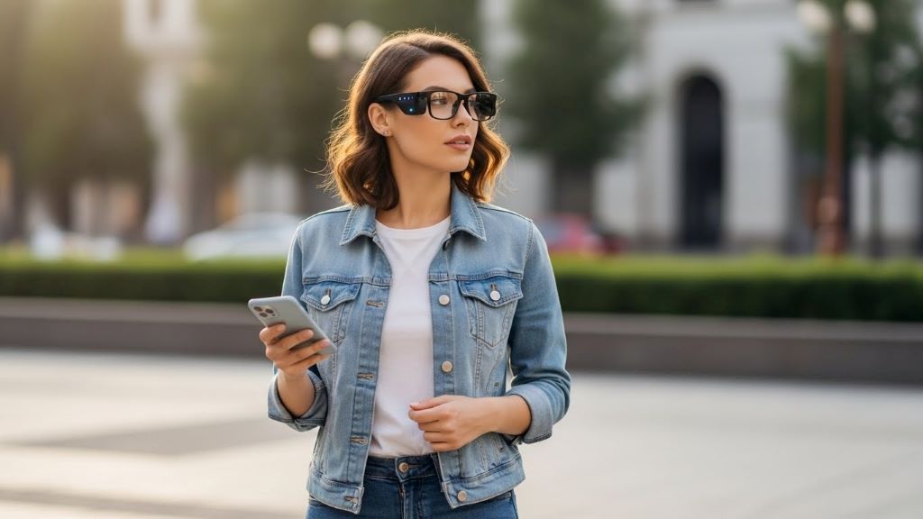 Young woman wearing smart glasses assistive device walking confidently outdoors with smartphone in hand