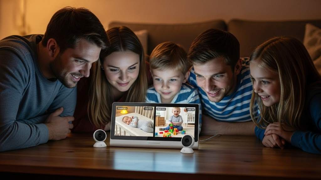 Family gathered around a video baby monitor with split-screen feature, viewing multiple clear HD feeds of their children