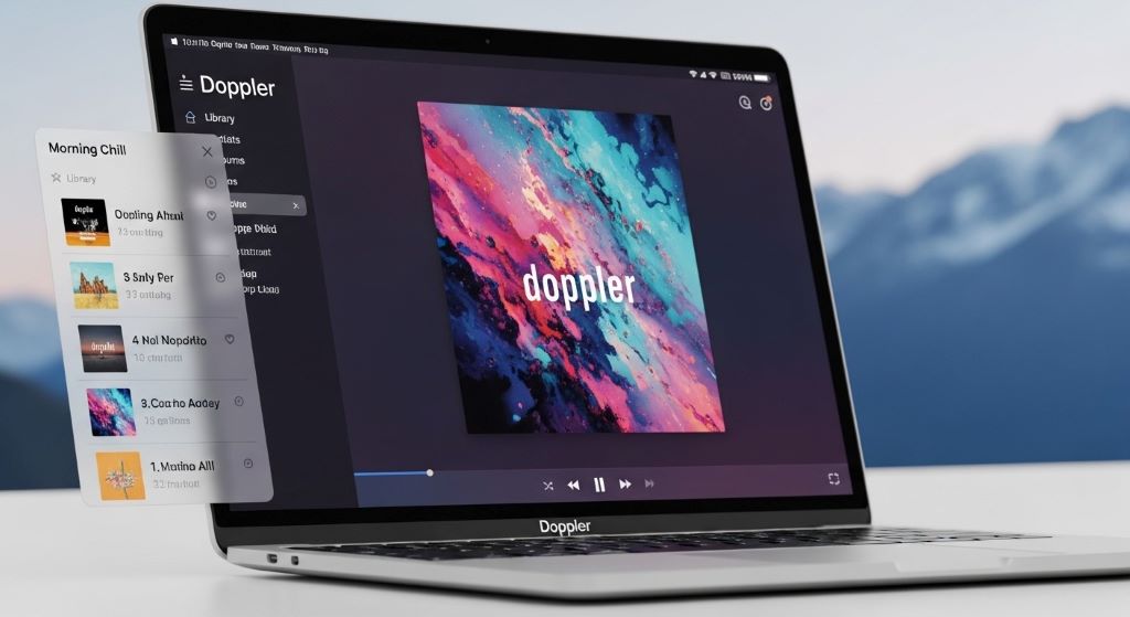 Doppler music player app on MacBook showing clean modern interface with album artwork and playlist sidebar