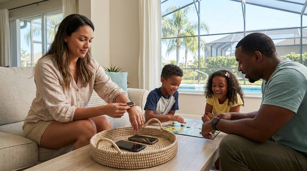 Family relaxing in Orlando backyard without wearable distractions