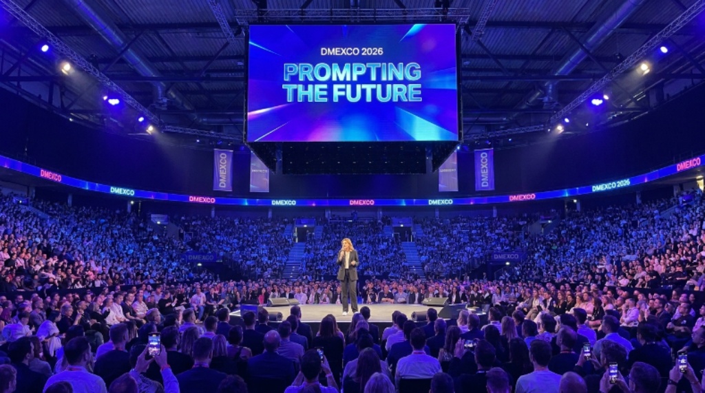 A speaker presenting on stage at DMEXCO 2026 in Cologne, with a large screen displaying the event's 'Prompting the Future' theme to a packed audience