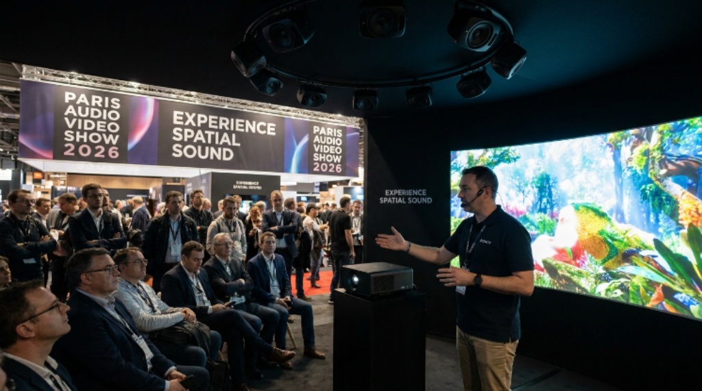 A brand engineer demonstrating a new home cinema projector and spatial sound system to attendees at the Paris Audio Video Show 2026