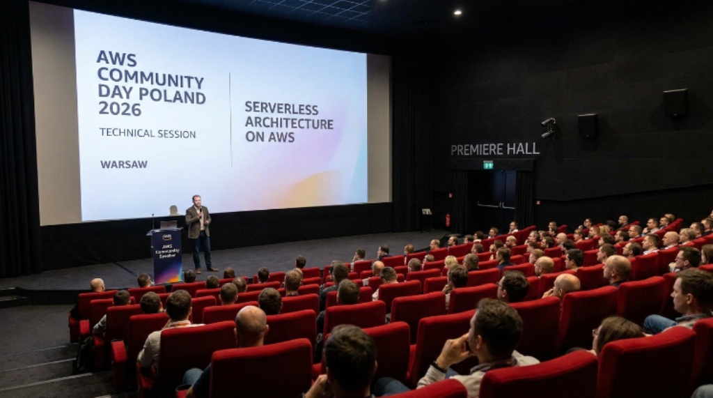 A community speaker presenting an AWS technical session on the large cinema screen in the Premiere Hall at AWS Community Day Poland 2026, Warsaw