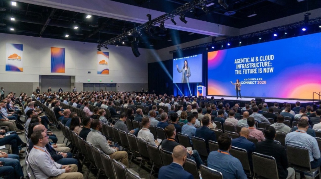 Attendees listening to a keynote on agentic AI and cloud infrastructure at the opening general session of Cloudflare Connect 2026 at Moscone West