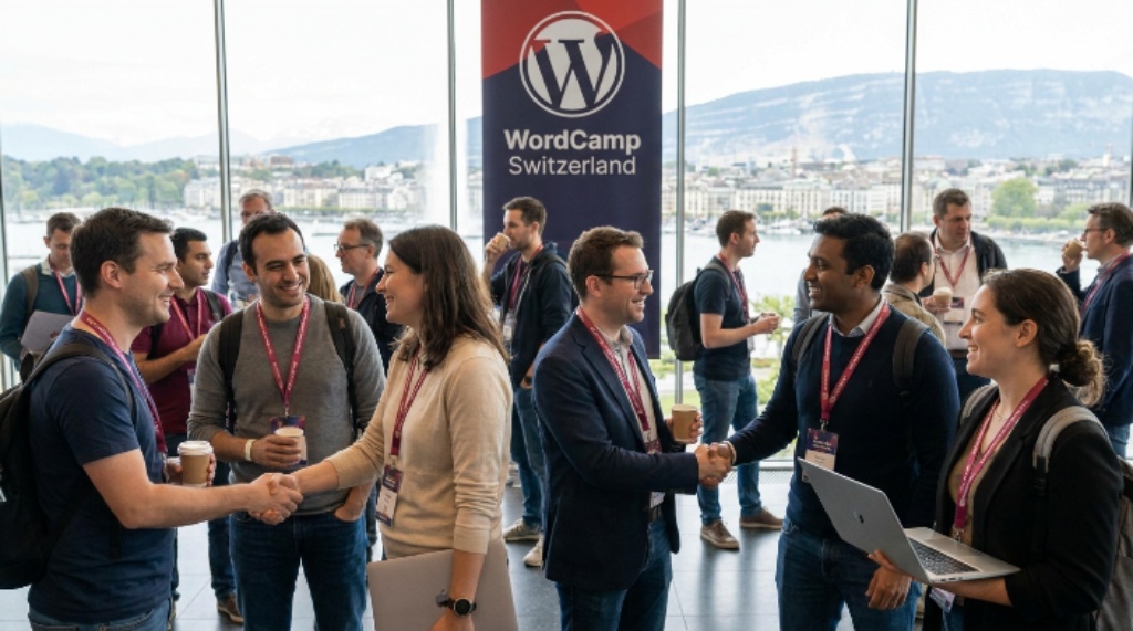 WordPress community attendees networking at WordCamp Switzerland conference
