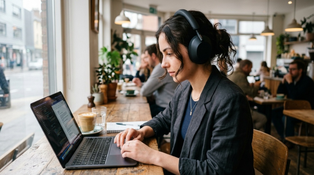 Modern wireless headphones resting on a wooden desk.