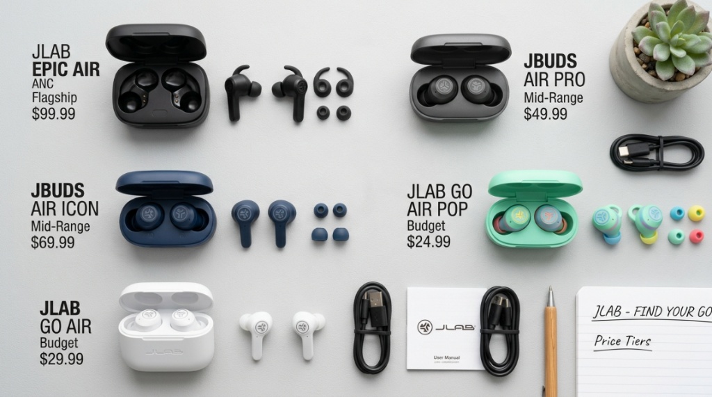 Feature comparison chart outlining pricing tiers for popular JLab earbuds.