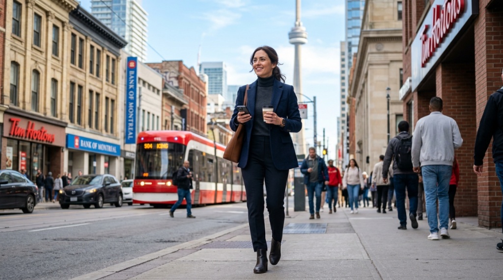 Professional wearing a premium smartwatch on a city street.