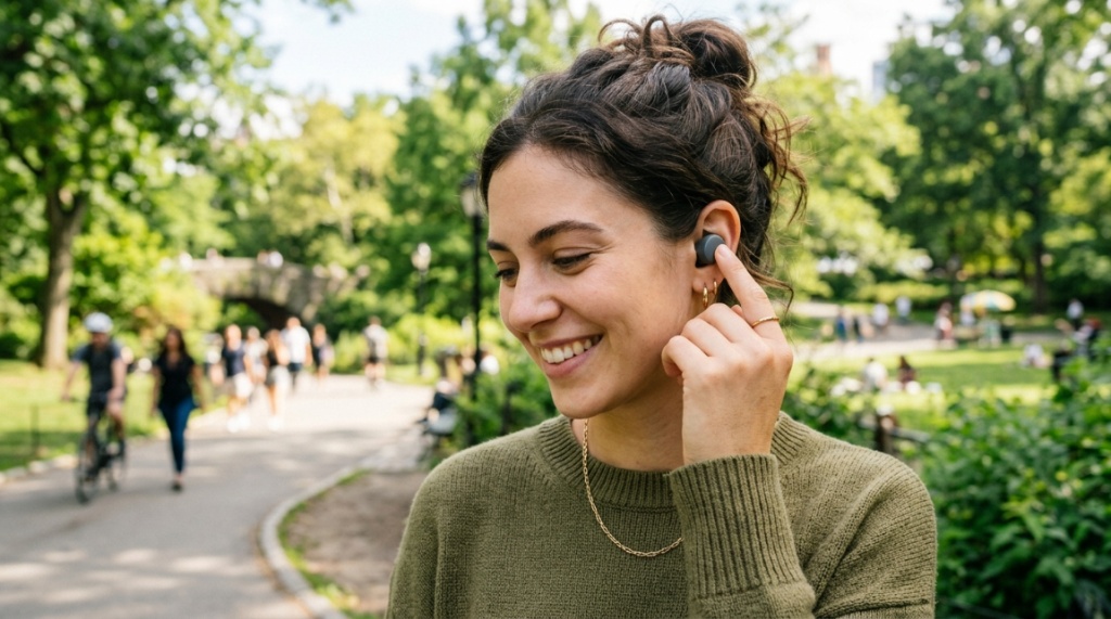 Close-up of a person adjusting comfortable wireless earbuds outdoors.