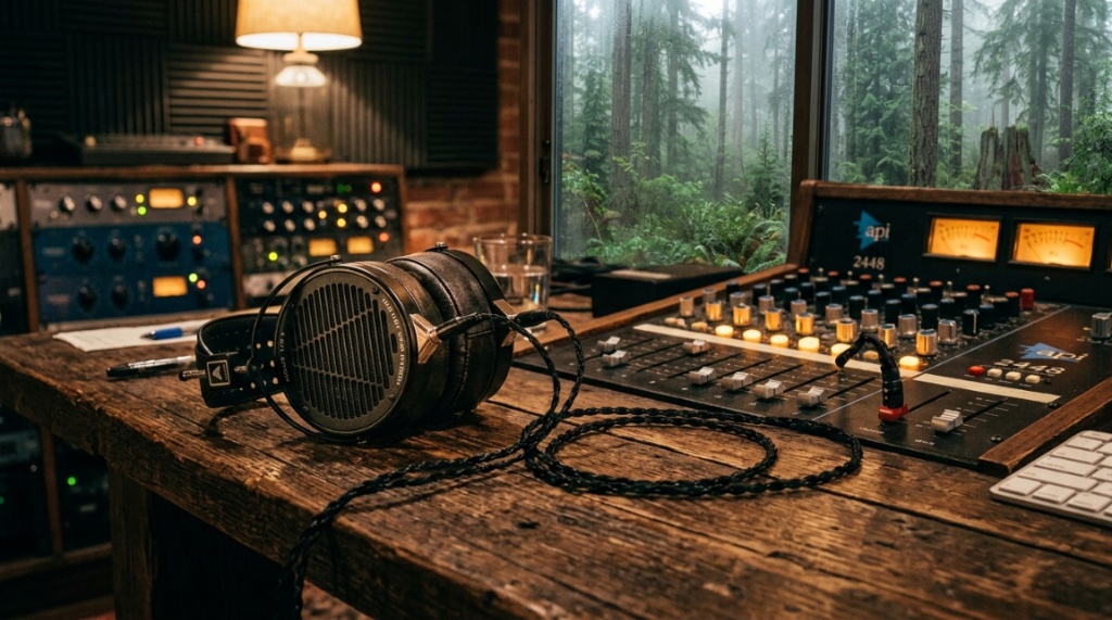 DJ wearing professional over-ear headphones while mixing music.