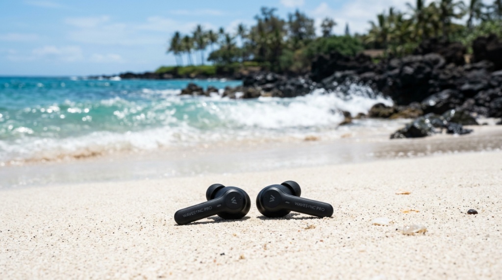 Tourist wearing waterproof earbuds while walking on a sunny tropical beach.