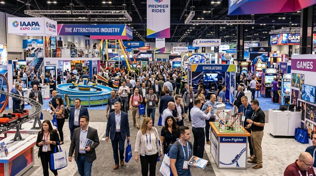 Attendees exploring the IAAPA Expo show floor filled with attractions industry exhibitors and displays