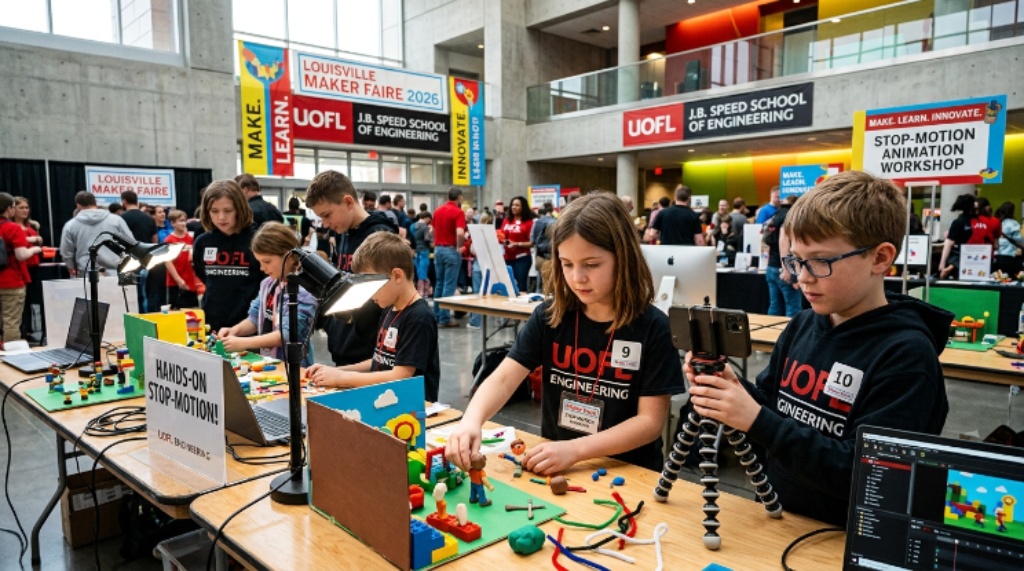 Hands-on stop-motion animation activity at Louisville Maker Faire 2026 at UofL Engineering Building