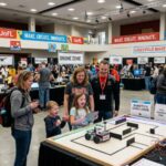 Families and visitors exploring robotics exhibits at Louisville Maker Faire 2026 at the University of Louisville