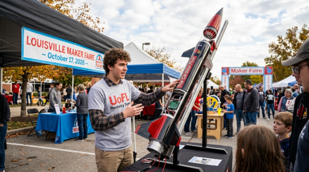 A student demonstrating a high-powered rocket at Louisville Maker Faire on October 17 2026