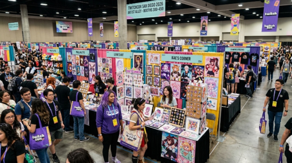 Artist Alley merchandise booths and fans at TwitchCon San Diego Convention Center November 2026