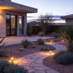 Solar pathway lights illuminating an Arizona desert backyard at dusk.
