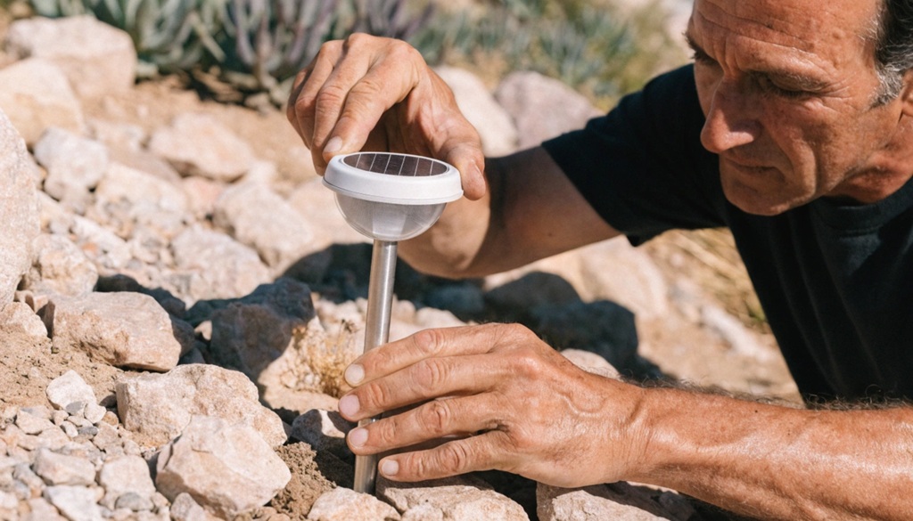 A man placing an affordable solar light into a outdoor lawn path.